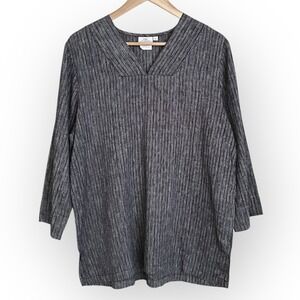 Hot Cotton Womens Popover Striped V Neck Tunic Top Size L Linen 3/4 Sleeve Lagom
